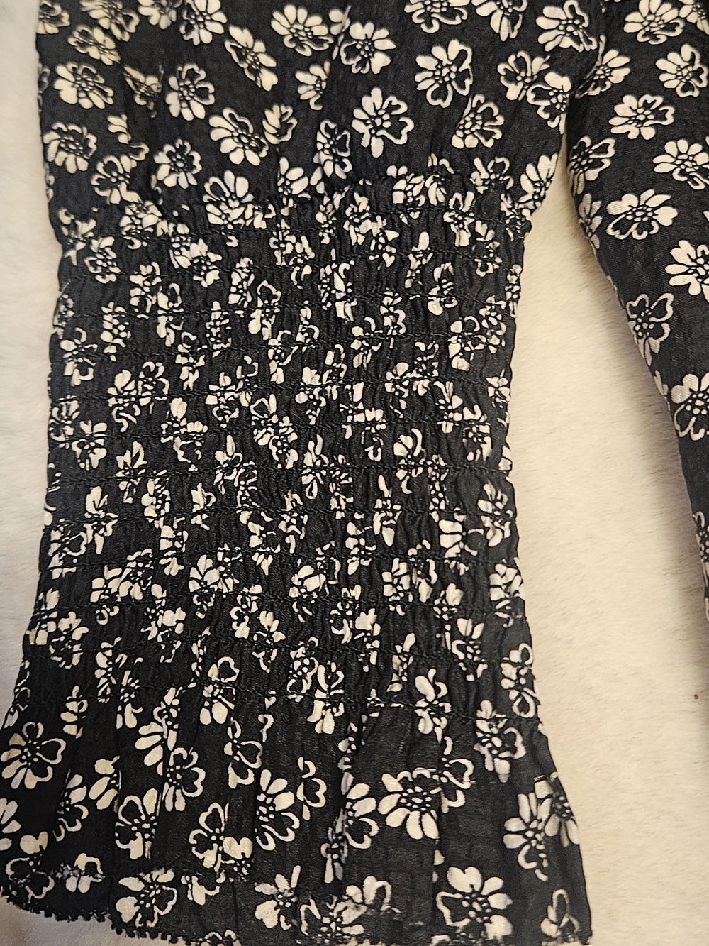 Rebecca Taylor Black and White Floral Smocked Long Sleeve Dress